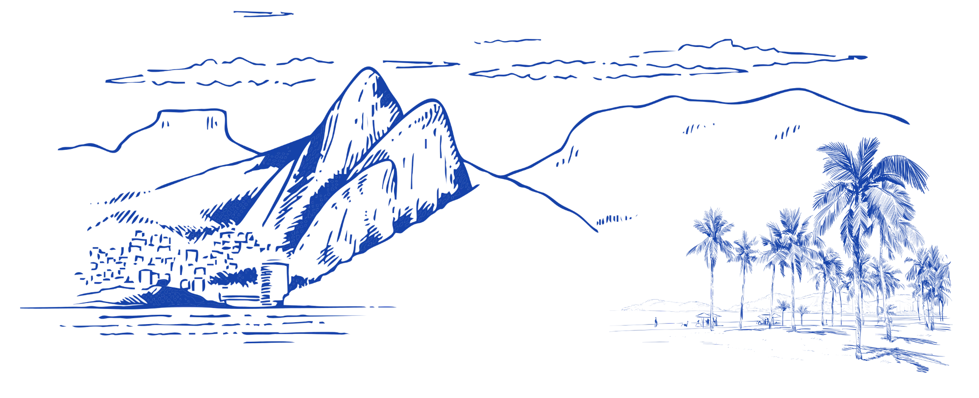 Ilustração do Morro Dois Irmãos e coqueiros da orla